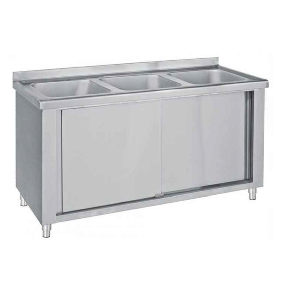 Meuble Plonge Inox 3 Bacs 40×40×25 – 2 Portes Coulissantes